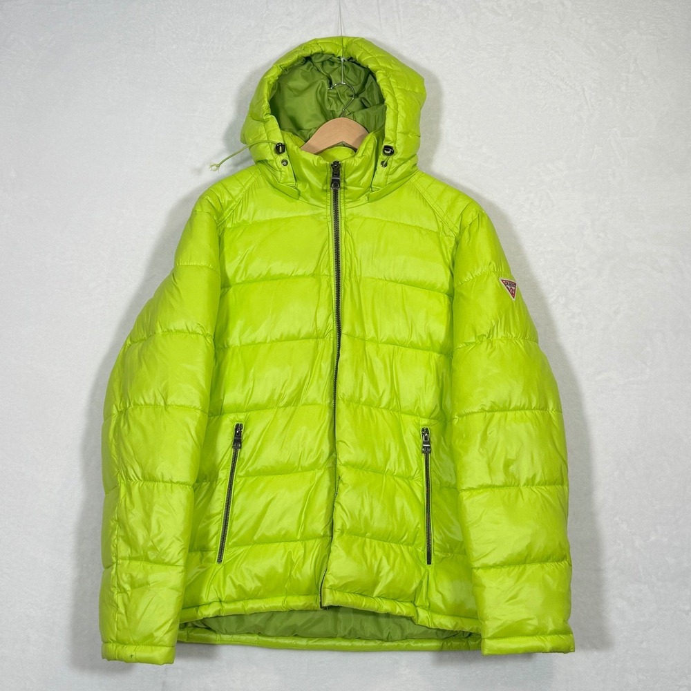 Guess Neon Lime Green Hooded Puffer Jacket XL
